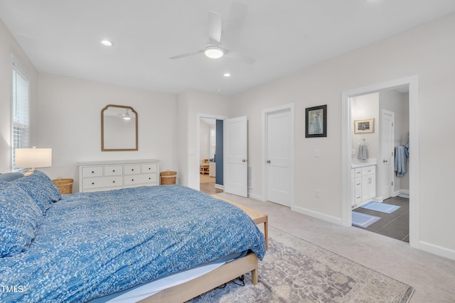 3909 Bristlewood Dr, Durham, NC 27703 - bedroom with light carpet, recessed lighting, ensuite bathroom, and ceiling fan