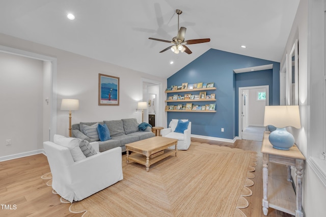 3909 Bristlewood Dr, Durham, NC 27703 - living area with ceiling fan, vaulted ceiling, light wood-type flooring, and recessed lighting