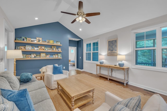 3909 Bristlewood Dr, Durham, NC 27703 - living area with ceiling fan, wood finished floors, vaulted ceiling, and recessed lighting