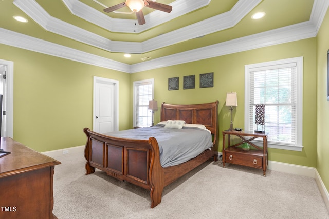 412 Whitt Ave, Burlington, NC 27215 - carpeted bedroom with crown molding, a tray ceiling, a ceiling fan, and recessed lighting