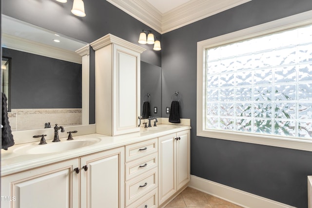 412 Whitt Ave, Burlington, NC 27215 - bathroom with ornamental molding, double vanity, plenty of natural light, and tile patterned flooring