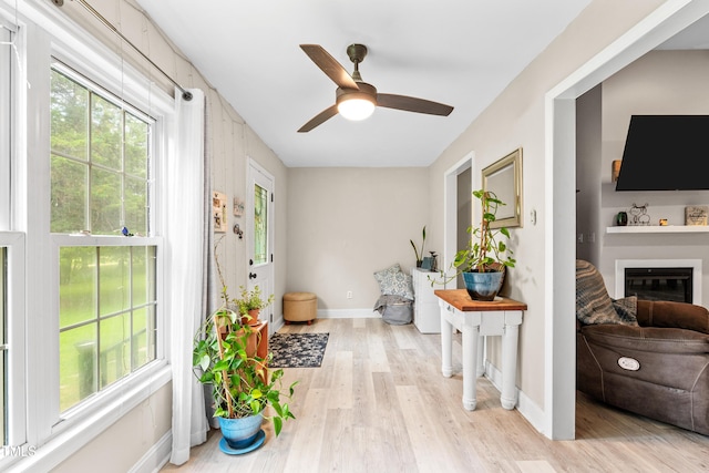 2809 Titleist Dr, Hillsborough, NC 27278 - sitting room featuring plenty of natural light, ceiling fan, light wood-type flooring, and a glass covered fireplace