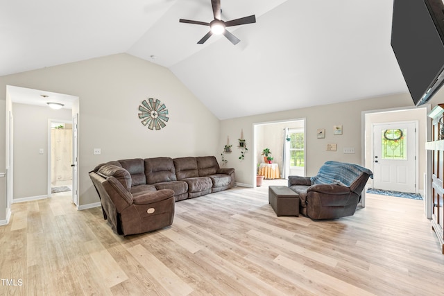 2809 Titleist Dr, Hillsborough, NC 27278 - living room featuring light wood finished floors, lofted ceiling, and a ceiling fan
