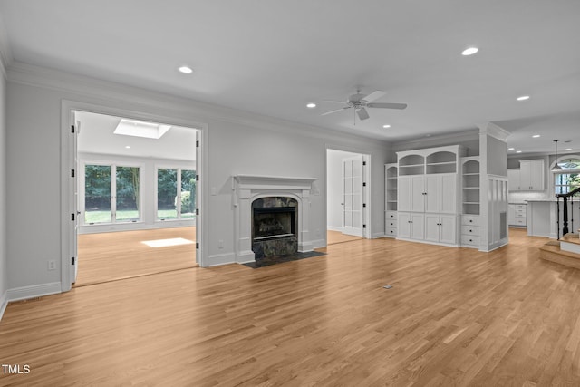 300 Oak Ridge Dr, Hillsborough, NC 27278 - unfurnished living room with recessed lighting, ornamental molding, a fireplace with flush hearth, a ceiling fan, and light wood finished floors