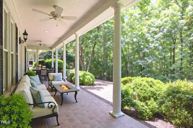 300 Oak Ridge Dr, Hillsborough, NC 27278 - view of patio with ceiling fan, outdoor dining space, and an outdoor living space with a fire pit