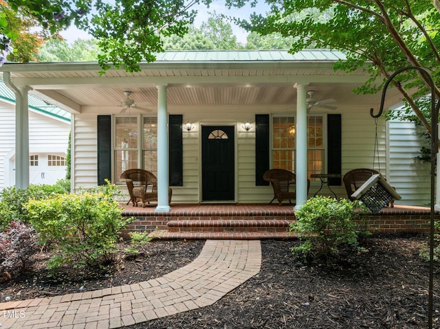 300 Oak Ridge Dr, Hillsborough, NC 27278 - entrance to property with a ceiling fan, covered porch, and a metal roof