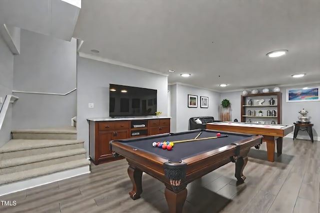 300 Oak Ridge Dr, Hillsborough, NC 27278 - recreation room featuring light wood-style flooring, ornamental molding, pool table, and recessed lighting