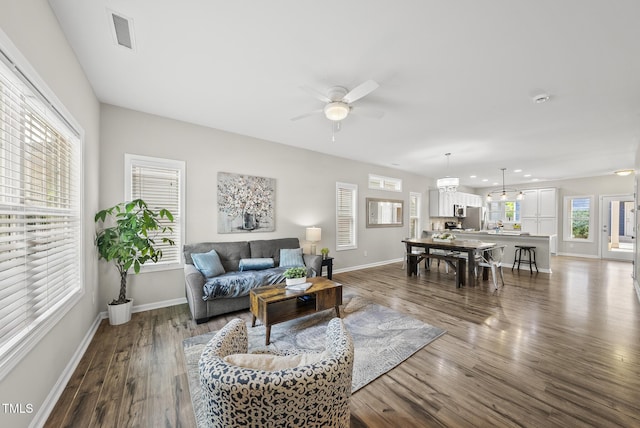 1625 Main Divide Dr, Wake Forest, NC 27587 - living room featuring ceiling fan, dark wood-type flooring, and recessed lighting