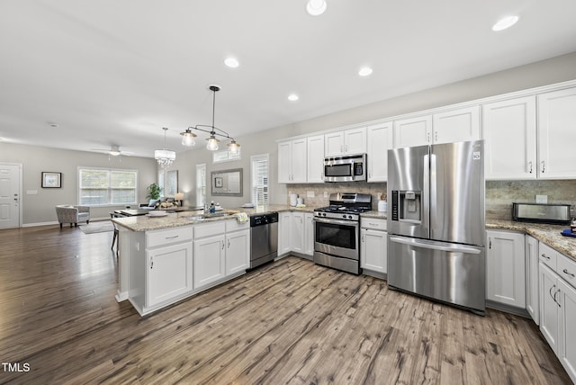 1625 Main Divide Dr, Wake Forest, NC 27587 - kitchen featuring appliances with stainless steel finishes, a peninsula, decorative backsplash, open floor plan, and recessed lighting