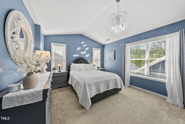 1625 Main Divide Dr, Wake Forest, NC 27587 - carpeted bedroom with vaulted ceiling and a chandelier