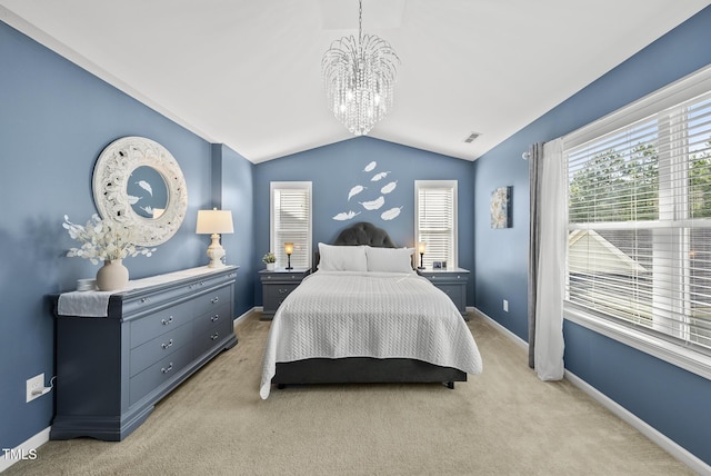 1625 Main Divide Dr, Wake Forest, NC 27587 - bedroom with light carpet, a chandelier, vaulted ceiling, and multiple windows