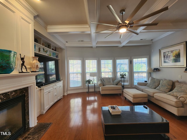 502 Willowmere Ct, Cary, NC 27513 - living area featuring ceiling fan, coffered ceiling, beam ceiling, hardwood / wood-style floors, and a fireplace