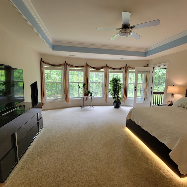 502 Willowmere Ct, Cary, NC 27513 - bedroom featuring ornamental molding, access to exterior, light colored carpet, a raised ceiling, and multiple windows