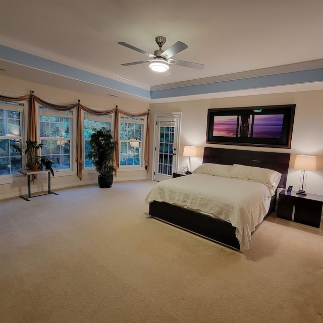 502 Willowmere Ct, Cary, NC 27513 - bedroom with carpet, a ceiling fan, and crown molding