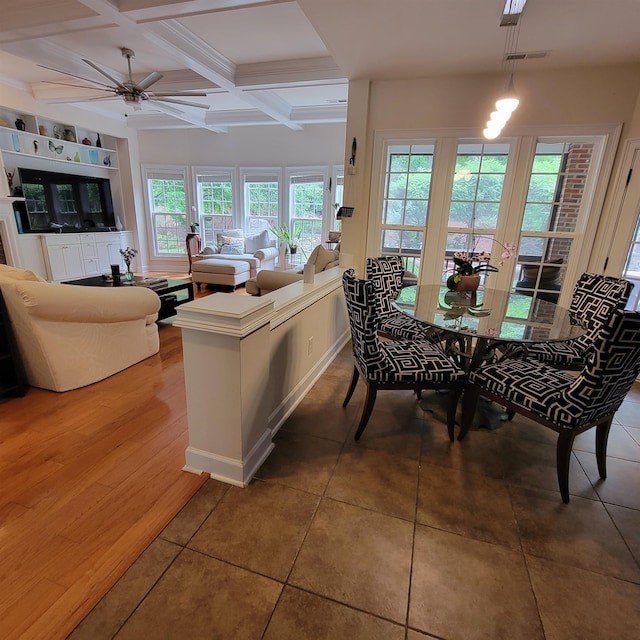 502 Willowmere Ct, Cary, NC 27513 - tiled dining area with beamed ceiling, coffered ceiling, and ceiling fan