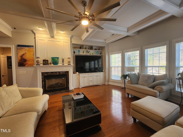 502 Willowmere Ct, Cary, NC 27513 - living room featuring a ceiling fan, coffered ceiling, wood finished floors, a fireplace, and beam ceiling