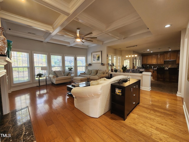 502 Willowmere Ct, Cary, NC 27513 - living room featuring ceiling fan, beam ceiling, light wood finished floors, recessed lighting, and coffered ceiling