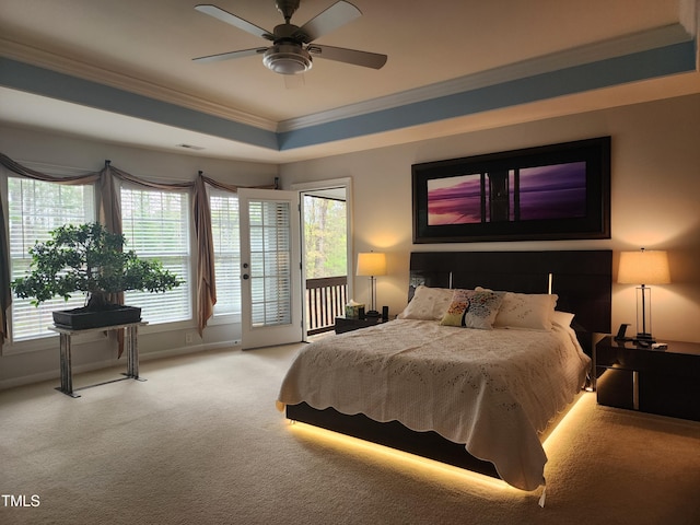 502 Willowmere Ct, Cary, NC 27513 - bedroom with crown molding, light carpet, access to outside, and ceiling fan
