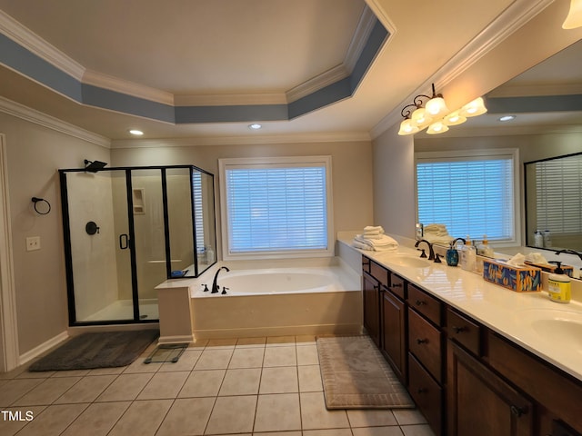 502 Willowmere Ct, Cary, NC 27513 - full bath featuring a tray ceiling, plenty of natural light, a bath, a stall shower, and ornamental molding