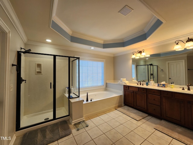 502 Willowmere Ct, Cary, NC 27513 - full bath featuring a raised ceiling, a garden tub, a stall shower, double vanity, and ornamental molding