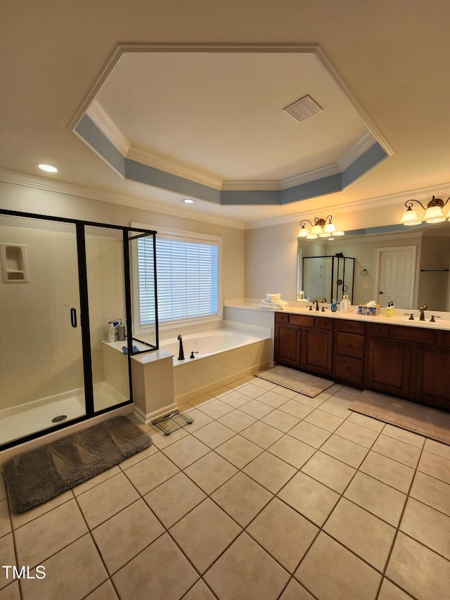502 Willowmere Ct, Cary, NC 27513 - full bathroom featuring a raised ceiling, tile patterned floors, double vanity, crown molding, and recessed lighting