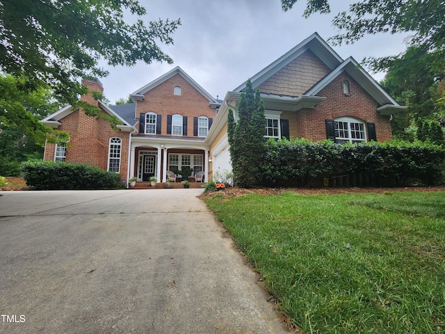 502 Willowmere Ct, Cary, NC 27513 - view of front facade with brick siding, driveway, a front yard, a chimney, and covered porch
