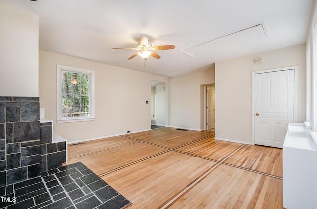 420 Lipscomb Grove Church Rd, Hillsborough, NC 27278 - unfurnished living room with attic access, a ceiling fan, and wood-type flooring