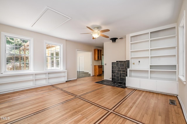420 Lipscomb Grove Church Rd, Hillsborough, NC 27278 - unfurnished living room featuring attic access, hardwood / wood-style floors, and a ceiling fan