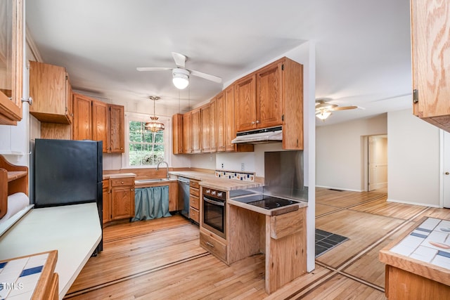 420 Lipscomb Grove Church Rd, Hillsborough, NC 27278 - kitchen featuring ceiling fan, light wood-style flooring, under cabinet range hood, stainless steel appliances, and brown cabinets