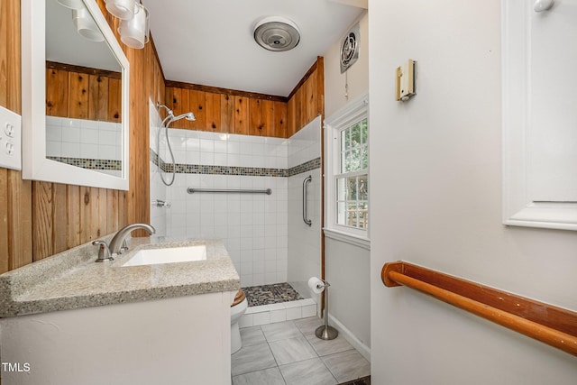 420 Lipscomb Grove Church Rd, Hillsborough, NC 27278 - full bathroom featuring a stall shower, vanity, and wooden walls