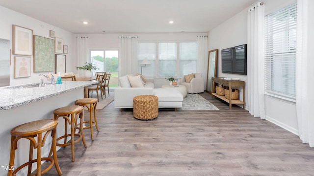 1911 Hinesley Dr, Durham, NC 27703 - living room featuring wood finished floors and recessed lighting