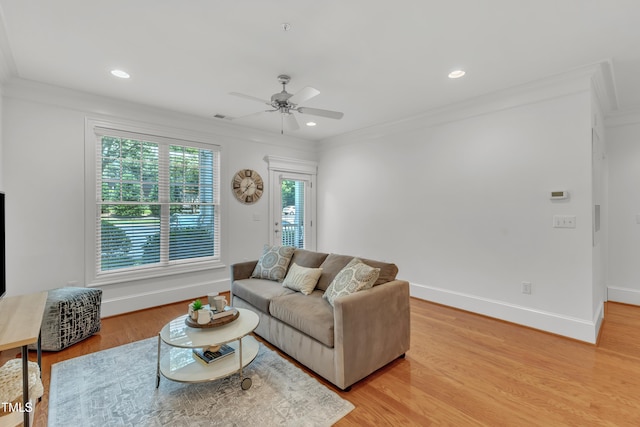 1310 Durlain Dr Unit 103, Raleigh, NC 27614 - living area featuring crown molding, light wood-type flooring, ceiling fan, and recessed lighting