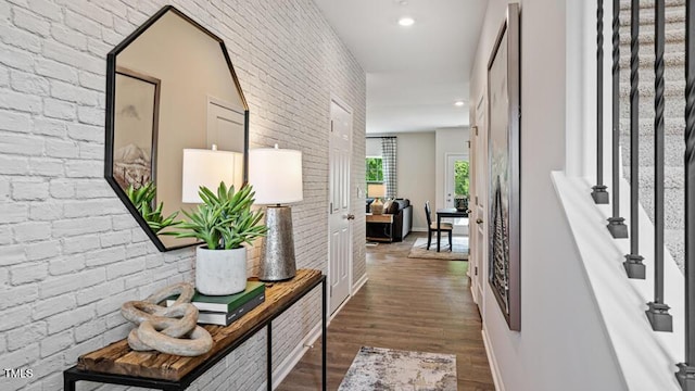 413 Belgian Red Way, Wake Forest, NC 27587 - hall with wood finished floors, recessed lighting, and brick wall