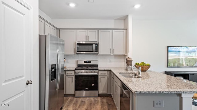 413 Belgian Red Way, Wake Forest, NC 27587 - kitchen with appliances with stainless steel finishes, gray cabinetry, a peninsula, light wood-type flooring, and decorative backsplash