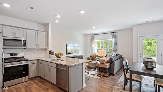 429 Belgian Red Way, Wake Forest, NC 27587 - kitchen featuring stainless steel appliances, gray cabinetry, a peninsula, light stone counters, and light wood-type flooring
