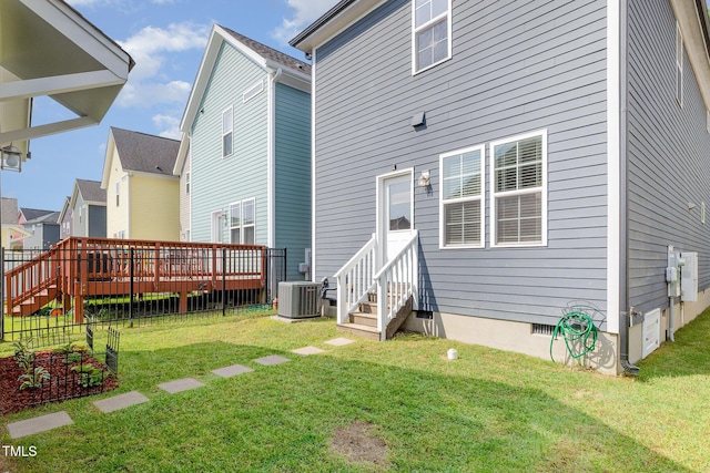 442 Granite Mill Blvd, Chapel Hill, NC 27516 - rear view of property with a wooden deck, a yard, crawl space, and entry steps