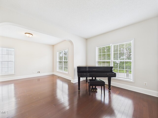 7501 Montibillo Pkwy, Durham, NC 27713 - living area featuring arched walkways, plenty of natural light, and dark wood finished floors