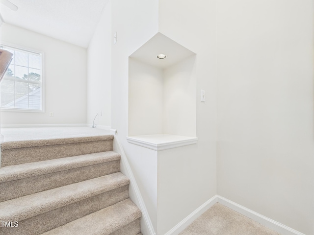7501 Montibillo Pkwy, Durham, NC 27713 - stairway with carpet flooring and lofted ceiling