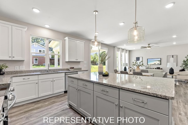 7678 New Sandy Hill Church Rd, Sims, NC 27880 - kitchen featuring appliances with stainless steel finishes, a center island, light wood-style floors, white cabinets, and recessed lighting