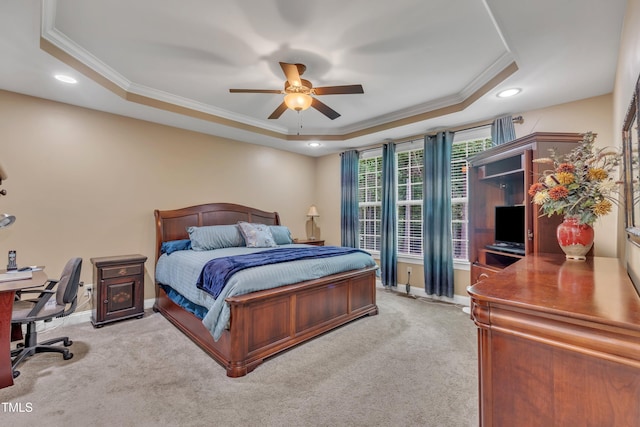 3728 Marwick Ct, Wendell, NC 27591 - bedroom with a raised ceiling, ornamental molding, a desk, light carpet, and recessed lighting