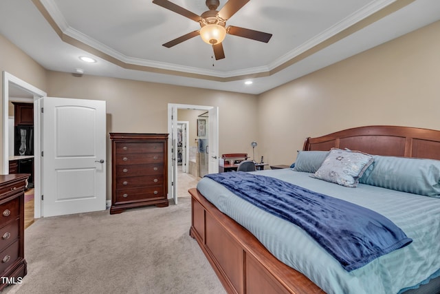 3728 Marwick Ct, Wendell, NC 27591 - bedroom featuring ornamental molding, light carpet, recessed lighting, a raised ceiling, and ensuite bath