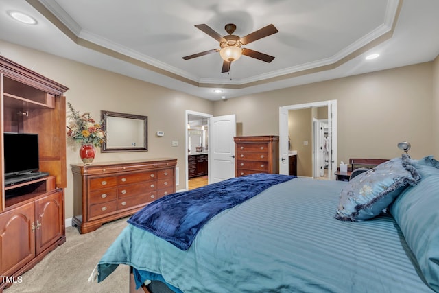 3728 Marwick Ct, Wendell, NC 27591 - bedroom with a raised ceiling, light colored carpet, ornamental molding, connected bathroom, and recessed lighting