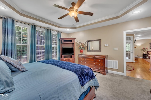 3728 Marwick Ct, Wendell, NC 27591 - carpeted bedroom featuring crown molding, a raised ceiling, recessed lighting, and a ceiling fan