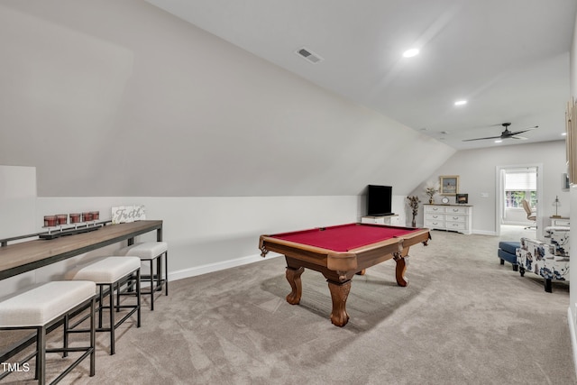 3728 Marwick Ct, Wendell, NC 27591 - game room with vaulted ceiling, carpet flooring, billiards table, ceiling fan, and recessed lighting