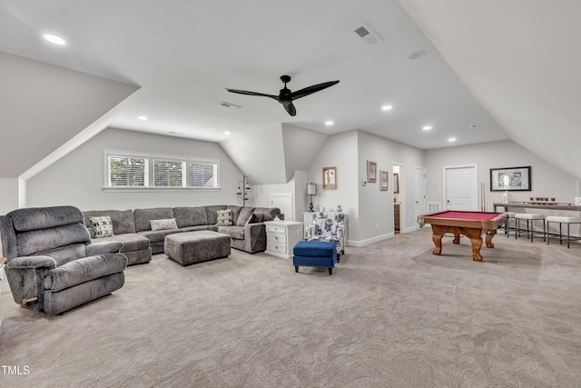 3728 Marwick Ct, Wendell, NC 27591 - playroom featuring lofted ceiling, carpet, ceiling fan, billiards, and recessed lighting