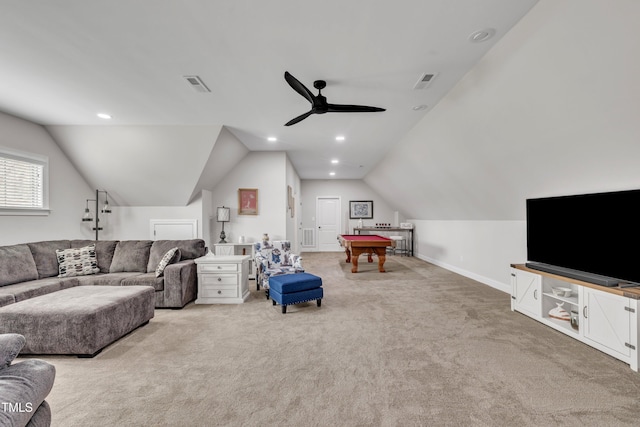 3728 Marwick Ct, Wendell, NC 27591 - carpeted living area featuring vaulted ceiling, a ceiling fan, and billiards table