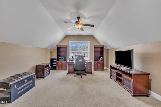 3728 Marwick Ct, Wendell, NC 27591 - office space featuring carpet flooring, vaulted ceiling, and a ceiling fan