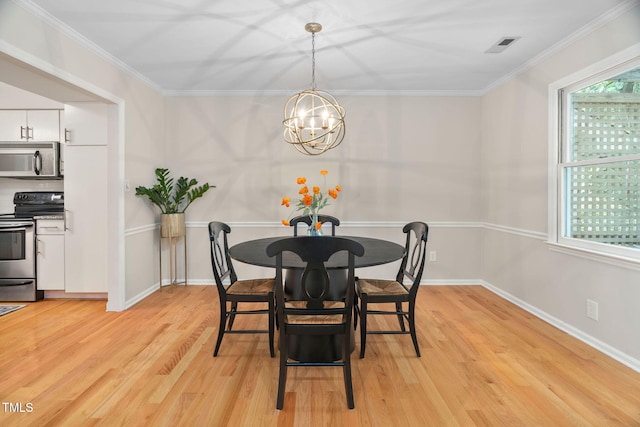 1563 Laureldale Dr, Raleigh, NC 27609 - dining room with light wood finished floors, a chandelier, and crown molding