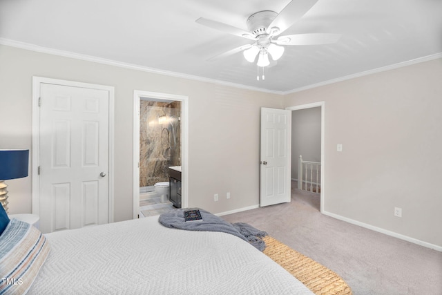 1563 Laureldale Dr, Raleigh, NC 27609 - bedroom with ornamental molding, light carpet, connected bathroom, and ceiling fan