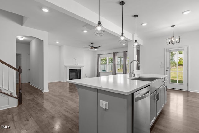 1414 Arena Ln, Fuquay Varina, NC 27526 - kitchen with dishwasher, gray cabinets, dark wood-type flooring, a ceiling fan, and recessed lighting